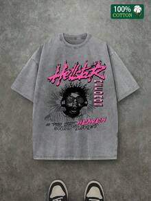 Men's Oversized Vintage Washed Cotton T-Shirt God Is My Strength Flame Records Graphic Motivational Faith Streetwear Casual Tee - Xám - Xem 3