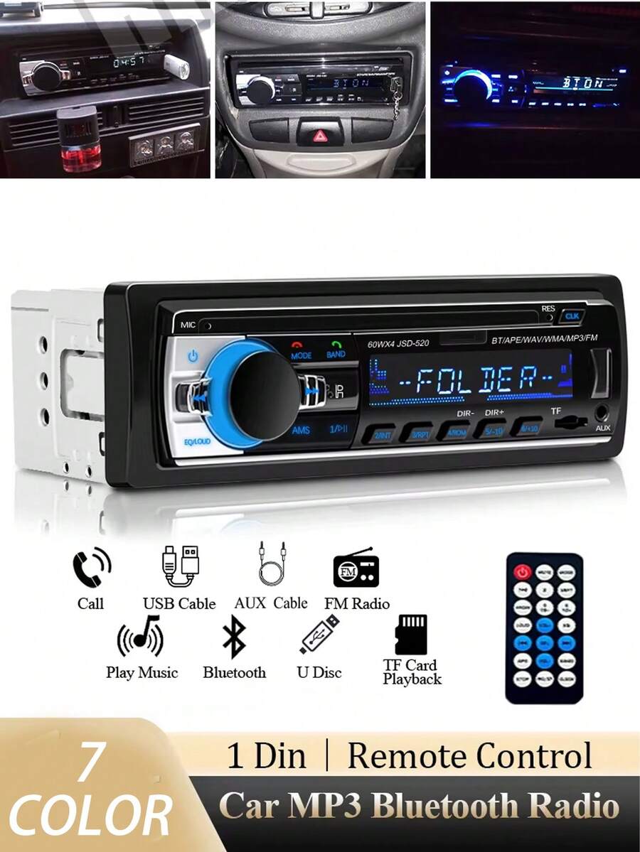 1 Din Car Stereo Radio MP3 Player, Digital Bluetooth FM Audio Player With Dashboard, AUX Input
