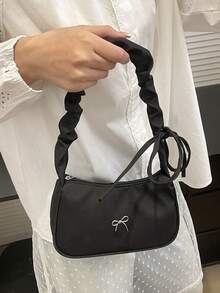 Women's Minimalist Bow Decor Crescent Shoulder Bag, Zipper Closure Solid Color, Suitable For Office/School/Commute - Black - View 4