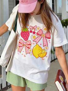 Camiseta de cuello redondo con estampado de limón, fresa y lazo para adolescentes, top casual suave para primavera/verano - Blanco - Ver 8