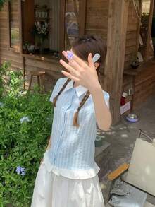 2-In-1 Polo Collar Short Sleeve Striped Patchwork Cropped Shirt For Women, Summer - Blue - View 5