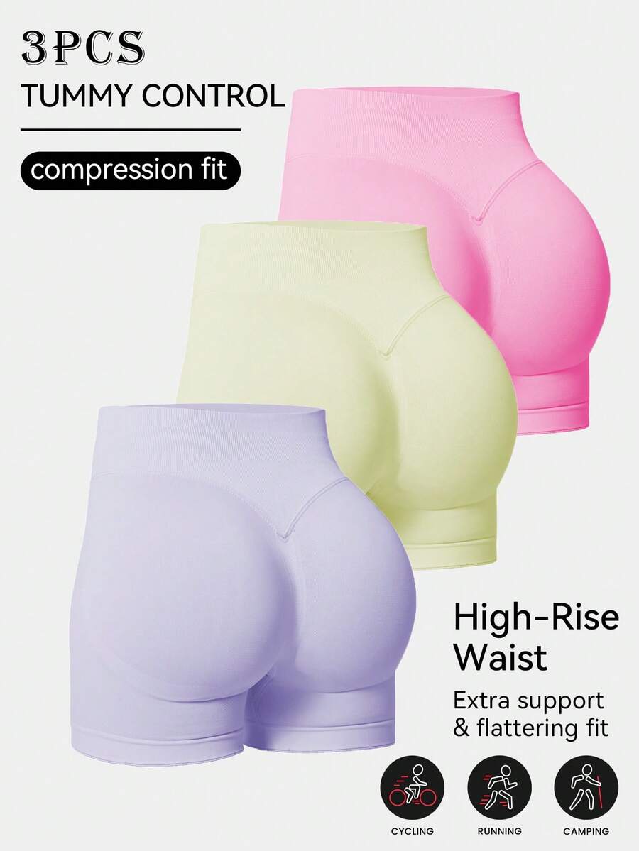 3 piezas Pantalones cortos deportivos de cintura alta delgada que levantan, de secado rápido para correr, shorts de yoga negros, shorts de fitness, shorts para correr, shorts deportivos con forma de corazón que levantan el trasero, shorts moldeadores abdominales para mujeres - Multicolor - Ver 1