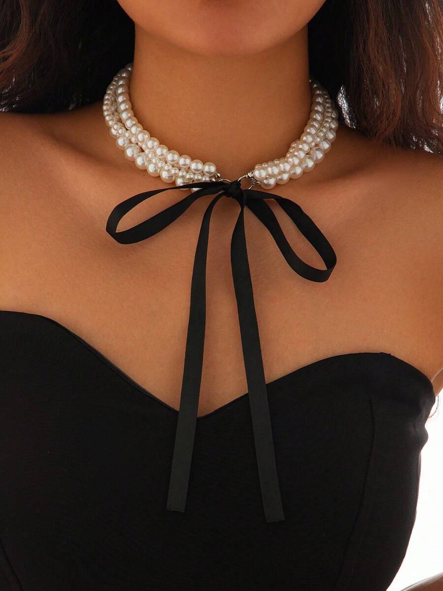 Vintage Bohemian Pearl Bow Tie Necklace - Elegant Beaded Necklace For Women, Suitable For Daily Wear And Party Gift - Multicolor - View 1