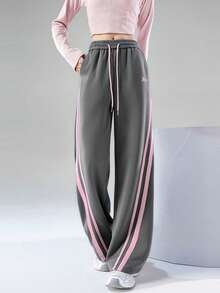 JUTU Spring & Autumn Ash Gray & Pink Women's Commuting & Outdoor Retro High-Waisted Wide-Leg Casual Pants With Drawstring And Printed Design - 1A71 Ash Mix - 1182 Powder - View 6