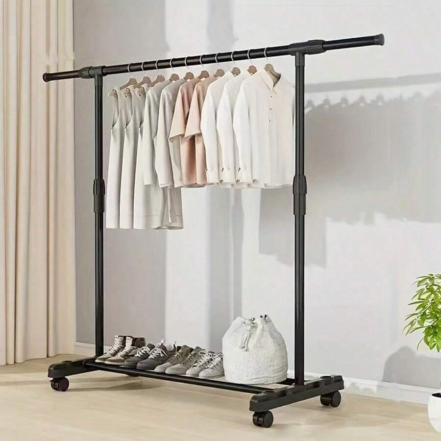 1pc Adjustable Clothes Drying Rack, Freestanding Indoor Balcony Retractable Laundry Hanger, Portable Clothes Hanging Stand For Dorm - Black - View 1