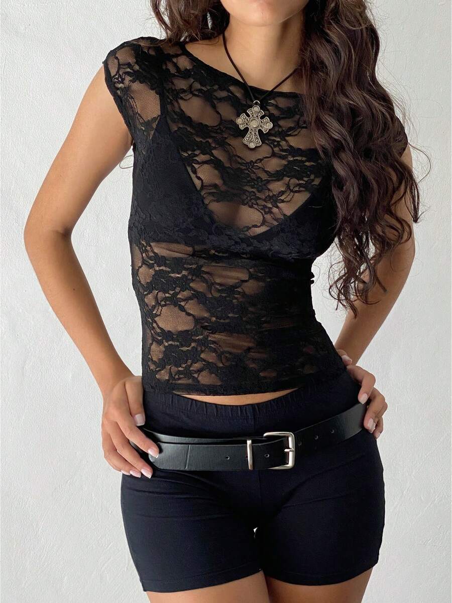 Women's Sheer Lace Tops Summer Cap Sleeve Scoop Neck Solid Color T-Shirts Blouses - 黑 - 查看 1