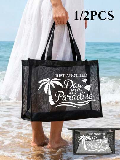 1/2 PIEZAS Bolso de playa grande de malla para mujer, "Otro día en el paraíso" Bolso de hombro de viaje, Bolso de compras de verano reutilizable y transparente para playa, crucero, picnic, camping, gimnasio, organizador de compras ligero y a prueba de arena, regalo tropical de vacaciones para mamá, esposa, novia en cumpleaños, Navidad, Día de la Madre