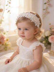 1件婴儿/幼儿女童乳白色刺绣蕾丝花边发带，柔软花朵发饰 - 米白色 - 查看 4