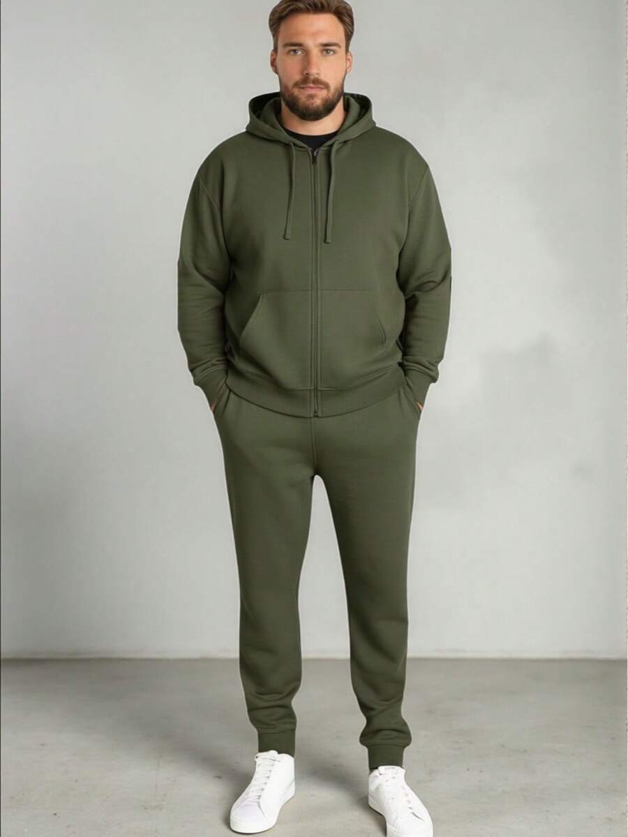 CONJUNTO ECONOMICO CASUAL PARA HOMBRE CON BOLSAS LATERALES CON CAPUCHA AJUSTABLE Y PANTALON TIPO JOGGER - Verde militar - Ver 1
