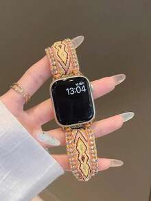 波西米亚纯手工编织表带,兼容苹果手表38mm、40mm、41mm、42mm、44mm、45mm、49mm表盘,女士款,时尚手工表带,兼容苹果手表SE11、10、9、8、7、6、5、4、3、2、1系列,可替换表带。 - 波西橙黃 - 查看 5
