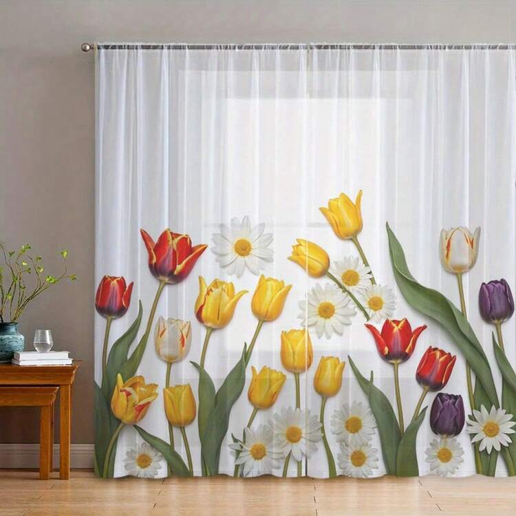 2pcs Tulip And Daisy Tulle Curtains, Featuring Vibrant Red, Yellow, And Purple Tulips With White Daisies In A 2D Flat Print. The Sheer Fabric Is Perfect For The Living Room, Dining Room, And Kitchen. The Rod Bag Design Is Ideal For Spring Decorating. - Multicolor - View 1