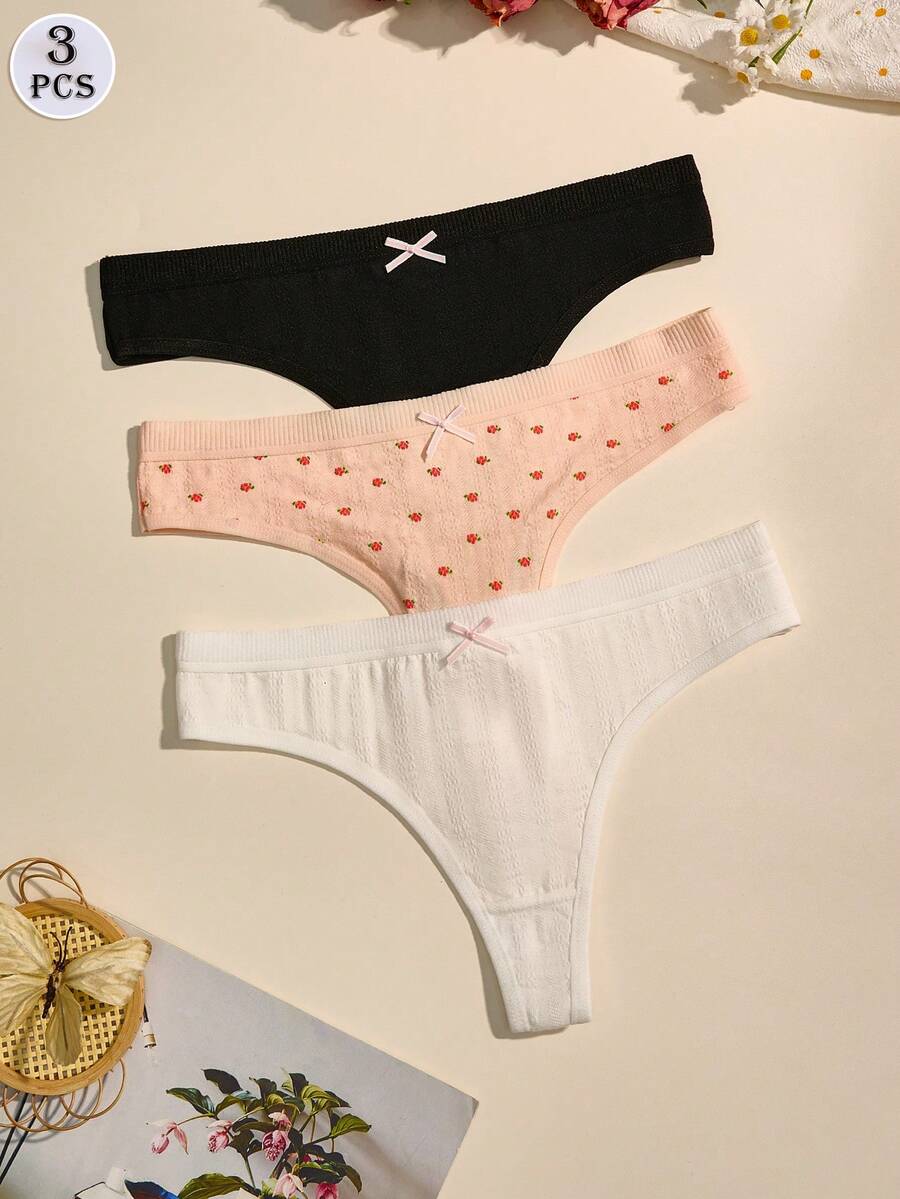 DORSU 3 piezas Bragas tipo tanga con moño lindo para mujer - Cómodas y elásticas, estampado de fresa y floral, diseño de talle bajo, tela suave de mezcla de rayón, ropa interior de moda, con entrejilla 100% algodón - Multicolor - Ver 1