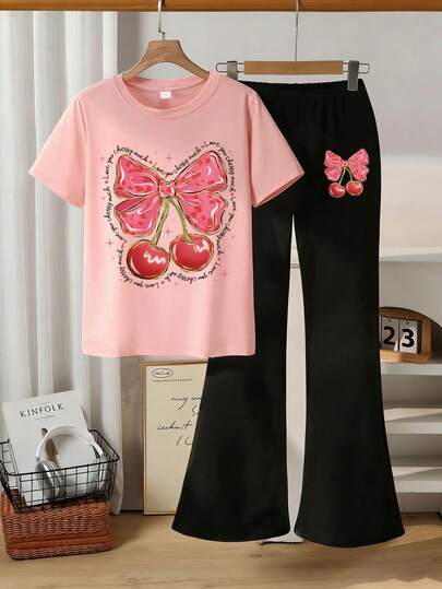 Bộ 2 món áo thun ngắn tay dáng rộng và quần dài cho bé gái, thích hợp đi học/thể thao/hoạt động ngoài trời, thời trang thường ngày, trang phục dã ngoại mùa xuân/hè mới.