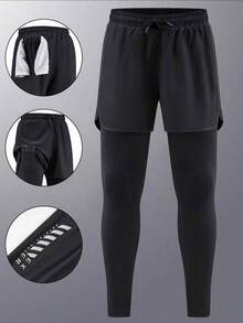 Men's Lightweight 2 In 1 Sports Pants, Casual Fashion Fitness Running Trousers - Black - View 3
