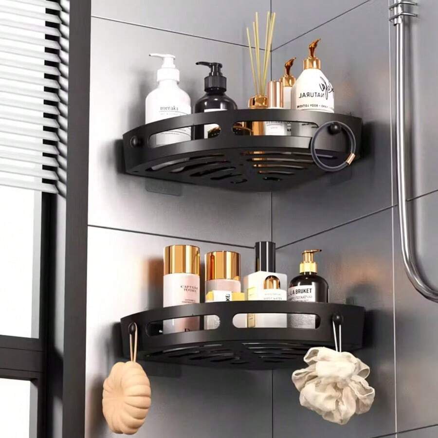 2pcs Angle Shower Caddy - Adhesive Bathroom Storage Rack, Wall-Mounted Shampoo & Toiletry Organizer, Waterproof & Rust-Proof Material, Comes With Adhesive Pads, Side Hooks With Drainage Holes. Bathroom Shelf. Easter Gift, Mother's Day Gift