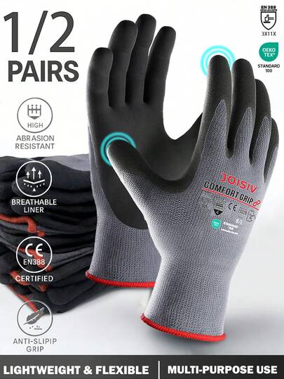 1/2 Pairs MicroFoam Nitrile Coated Work Gloves – Non-Slip, Lightweight, Durable, For Home Improvement, Gardening, Construction, Auto Repair – Orange & Grey