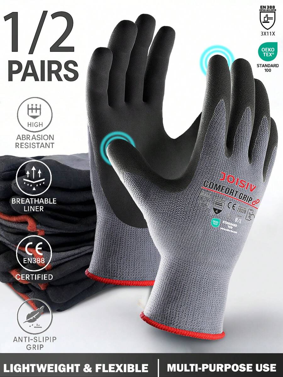1/2 Pairs MicroFoam Nitrile Coated Work Gloves – Non-Slip, Lightweight, Durable, For Home Improvement, Gardening, Construction, Auto Repair – Orange & Grey - MicroFoam Nitrile Gloves - View 1