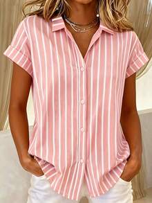 Women's Plus Size Loose-Fit Striped Button-Front Short-Sleeve Shirt - Lightweight Casual And Formal Top, Suitable For All Seasons, Machine Washable Loose-Fit Shirt - 粉紅色 - 查看 2