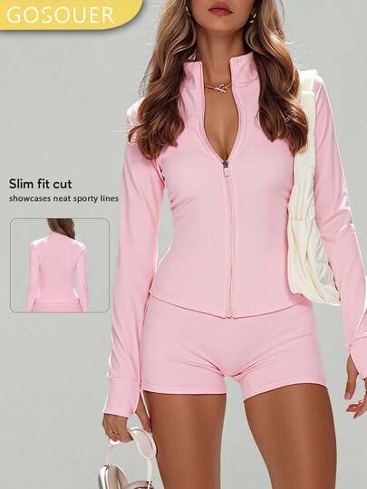 Women's Outdoor Hiking Sports Long Sleeve Tops Casual Fitness Running Zip Up Jacket With Thumb Holes