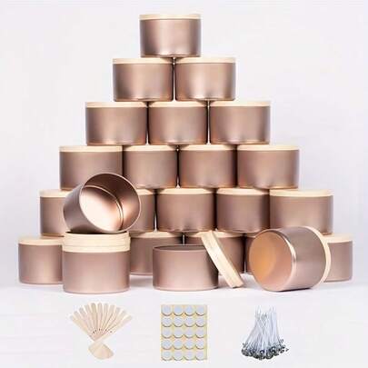 45-delars set med ljusbehållare i roséguldfärgad metall, 115 g vardera med lock - Perfekt för ljustillverkning och förvaring. En utmärkt present till påsk, Thanksgiving och jul, inklusive 6 tomma burkar, 6 ljusstakar, 13 vekar och 20 klistermärken.