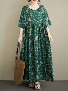 AZAH Plus Size Green Floral Print Long Dress, Round Neck Batwing Short Sleeve Woven A-Line Skirt With Pockets, Casual Bohemian Beach Dress, 2026 New Summer Dress For Women Elegant - Green - View 1
