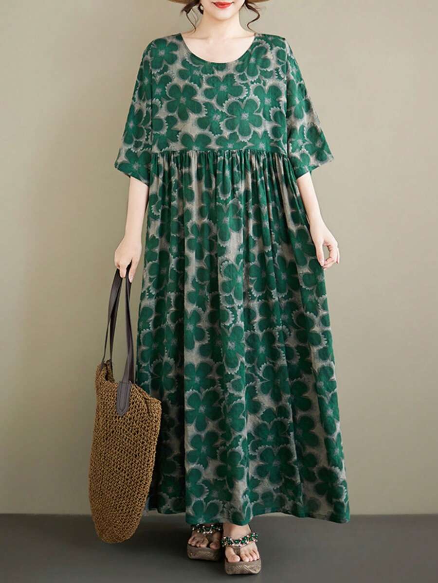 AZAH Plus Size Green Floral Print Long Dress, Round Neck Batwing Short Sleeve Woven A-Line Skirt With Pockets, Casual Bohemian Beach Dress, 2026 New Summer Dress For Women Elegant - Green - View 1