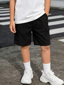 1 chiếc quần short cargo dáng dài, đa năng, chất liệu nhung kẻ, dành cho bé trai tuổi teen, phong cách American Vintage High Street. - màu đen - Xem 3