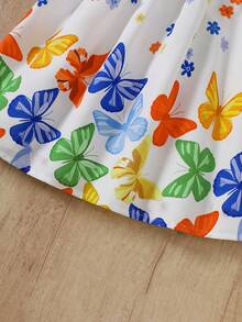 Young Girls' Butterfly Print Spaghetti Strap Bow Waist Cute Vacation Style Dress, Spring/Summer - White - View 5