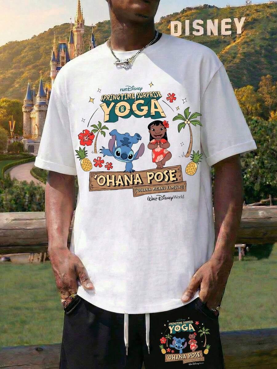 Men's White/Black Pullover Short-Sleeved T-Shirt And Drawstring Shorts Two-Piece Set, Featuring Disney RunDisney Springtime Surprise Yoga Lettering And Lilo & Stitch Graphic Prints. A Breathable And Comfortable Summer Casual Set, Making It The Perfect Gift For Men. - 白色+黑色 - 查看 1
