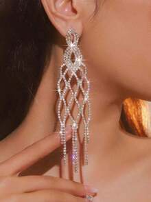 1 Pair Geometric Waterdrop Shaped Gold & Silver Tassel Dangle Earrings, Suitable Stage Performance, Banquet And Formal Dress Accessories - 散鑽水鑽超長流蘇耳環 - 查看 3