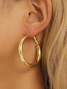 1pair Ladies' Gold-Color Circle Tube C Shape Hoop Earrings - Gold - View 6