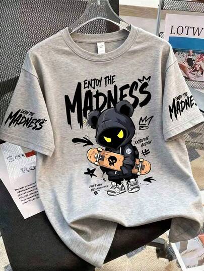 1pc Cool Black Cartoon Character Graphic Short Sleeve T-Shirt, Casual Loose Fit, Sports Style Round Neck Tee For Teenage Boys, Perfect Summer Gift, Suitable For School And Outdoor Wear In Spring/Summer