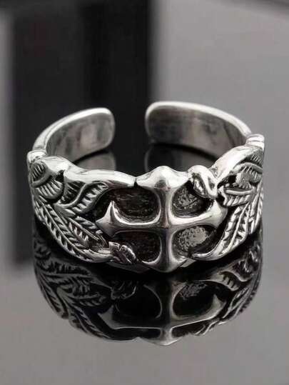 Anillo de cruz vintage para hombres, anillo de nudillo con textura de hoja de estilo hip hop, anillo abierto de imitación de plata tailandesa de alta gama