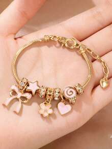 1pc Women's Gold Fully Paved Butterfly, Heart & Lollipop Beaded Adjustable Daily Wear Bracelet - Gold - View 1