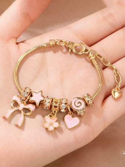 1pc Women's Gold Fully Paved Butterfly, Heart & Lollipop Beaded Adjustable Daily Wear Bracelet