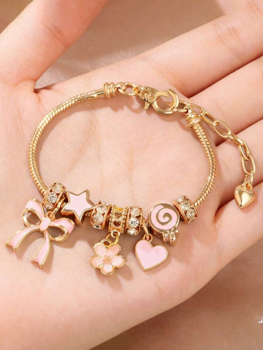 1pc Women's Gold Fully Paved Butterfly, Heart & Lollipop Beaded Adjustable Daily Wear Bracelet - Gold - View 1