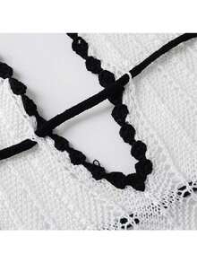 Women's Summer Vacation Contrast Color Trim Backless Halter Knit Dress - Black and White - View 6