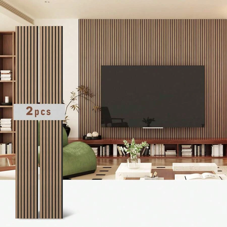 2 Pieces Of 90.55 "X11.02" Interior Wall Decorative Panels, 3D Grooved Wood Wall Panels, Wall Sound Insulation And Sound Absorption Wood Boards - 核桃 - 查看 1