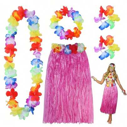 1 Set Hawaiian Style Outfit For Women, Including Hawaiian Floral Print Skirt, Suitable For Beach Party And Halloween Costume Ball. The Set Includes Yellow, Green And Rose Red Grass Skirts And Floral Accessories.