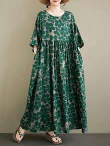AZAH Plus Size Green Floral Print Long Dress, Round Neck Batwing Short Sleeve Woven A-Line Skirt With Pockets, Casual Bohemian Beach Dress, 2026 New Summer Dress For Women Elegant - Green - View 6