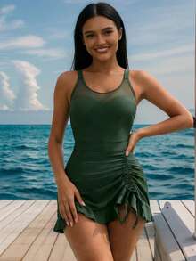 Awevudst Women's One Piece Swim Dress Boat Neck Tummy Control Swimsuits Slimming Modest Mesh Sheer Bathing Suit Swimwear Slimming Sarong Wrap Hawaii Bikini Summer Clothes Vacation Outfits Women - 墨綠色 - 查看 1