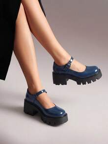 Women's Mary Janes Shoes Platform Chunky Low Heels Comfortable Cute Pumps Round Toe Ankle Strap Woman Shoes - 藏蓝色 - 查看 2