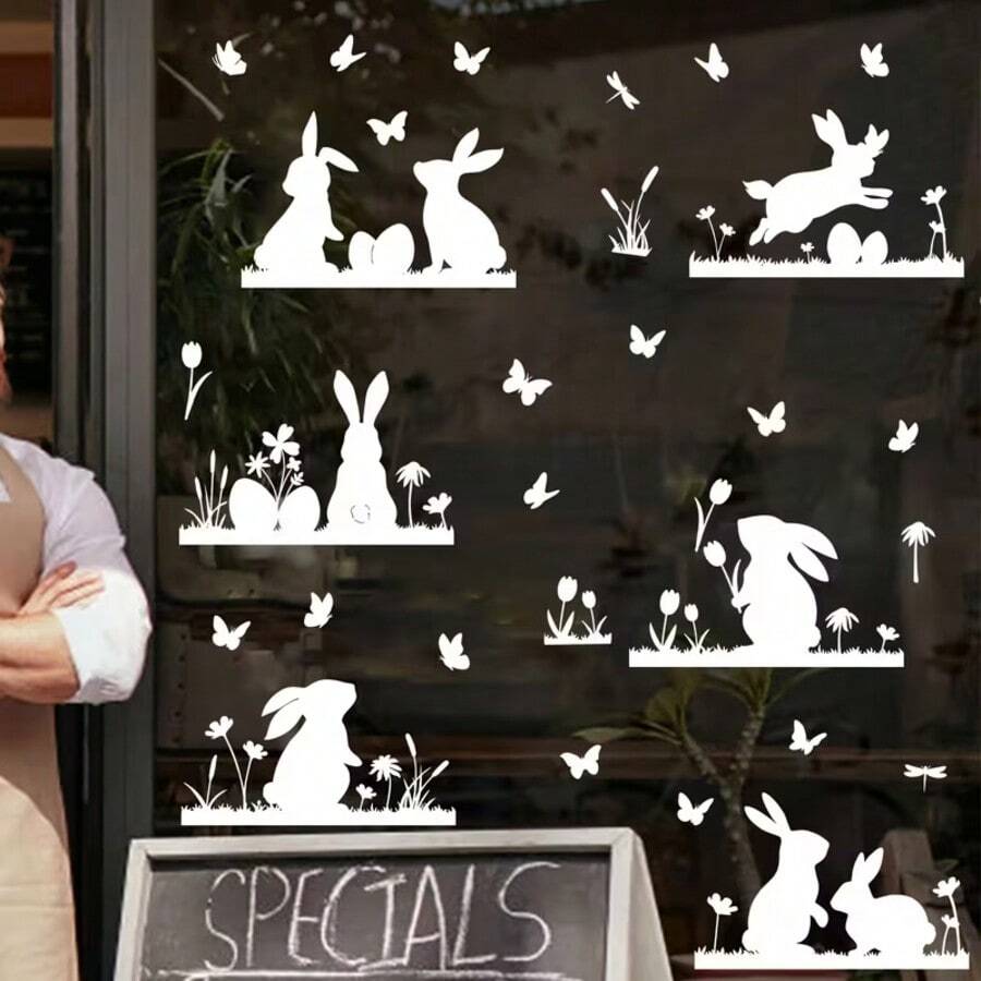 1/6pcs Easter Glass Window Stickers White Rabbit Eggs Floral Motif Decals For Kitchen Office Springtime Festival Decor Non Adhesive Static Removable Home Art Appliques