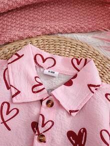 Baby Jungen Mädchen süßer Herz-Muster Knopfleisten Kurzarm Hemd & Shorts 2 Stücke Set für Kinder, Lässig Outfit - Pink - Übersicht 3