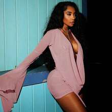 New Women's Dress Mesh V-Neck Long Sleeve Backless A-Line Short Dress - Pink1 - 查看 3