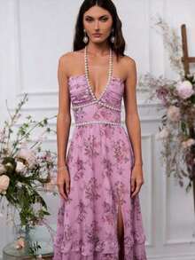 2026 Women's Autumn Dress - Slim Pleated Backless Long Temperament Elegant Outfit - Màu tím - Xem 1