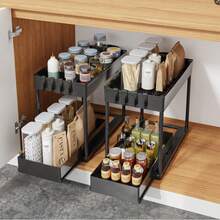 Pull-Out 2-Tier Sliding Storage Rack Under Sink, L-Shaped Bathroom Kitchen Cabinet Drawer Organizer, Multi-Function Sink Storage Rack, Suitable For Bathroom Kitchen Drawers, Space-Saving Organizer, Durable Large Capacity Drawer, Suitable For Kitchen And Bathroom Items, Mixed Color Plastic Material - Black - View 8