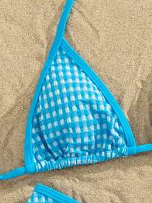 PEPPERMOLLY Bộ bikini đi biển mùa hè 2026 - Đồ bơi nữ màu hồng kẻ caro cạp cao gợi cảm với họa tiết xếp ly độc đáo | Chất liệu mềm mại, thoải mái, giúp định hình vòng bụng, phù hợp cho bơi lội, đi biển và kỳ nghỉ. - màu xanh hồ - Xem 7