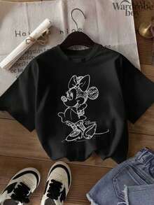1PC Disney Printed T-Shirt,Mickey And Minnie Couple Matching Printed Outfits T-Shirt,Unisex,High-Quality Pure Cotton T-Shirt,Suitable For All Seasons, Comfortable And Breathable| Exquisite Design | The Best Choice For Giving Gifts - 女款黑色 - 查看 2