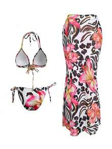 这款性感优雅的女士比基尼套装采用豹纹和热带花卉印花，胸前饰有花卉金属扣。可搭配印花连衣裙，适合春夏休闲海滩度假、泳池派对和时尚泳装穿着。 - 彩色 - 查看 2